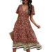 Women Boho Dress Floral V-Neck Boho Long Dresses Summer Beach Bohemian Sundress Loose Short Sleeve Maxi Dress