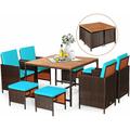 COSTWAY 9 TLG. Polyrattan Set Rattanmoebel, Garten Esssitzgruppe aus Tisch, Sessel und Ottomane,