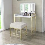 Everly Quinn Jaidon Vanity Set w/ Stool & Mirror Wood in Brown/White/Yellow | 30 H x 31.5 W x 17.25 D in | Wayfair EDCC83A3ABD448458683A1205D3129FD