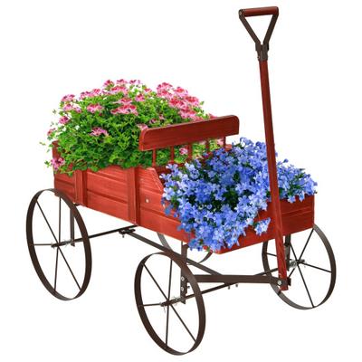 Costway Wooden Wagon Plant Bed With Wheel for Garden Yard-Red