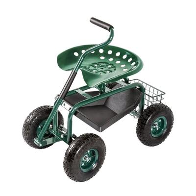 Kinbor Garden Cart Rolling Work Seat Patio Wagon Scooter w/ Extendable Steer Handle, Tool Tray