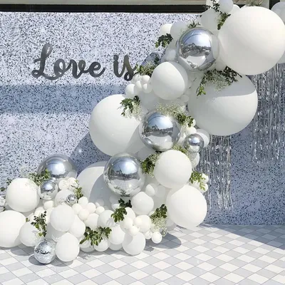 Kit d'arche de ballons 4D argentés et blancs avec confettis guirxiété décorative pour mariage fête