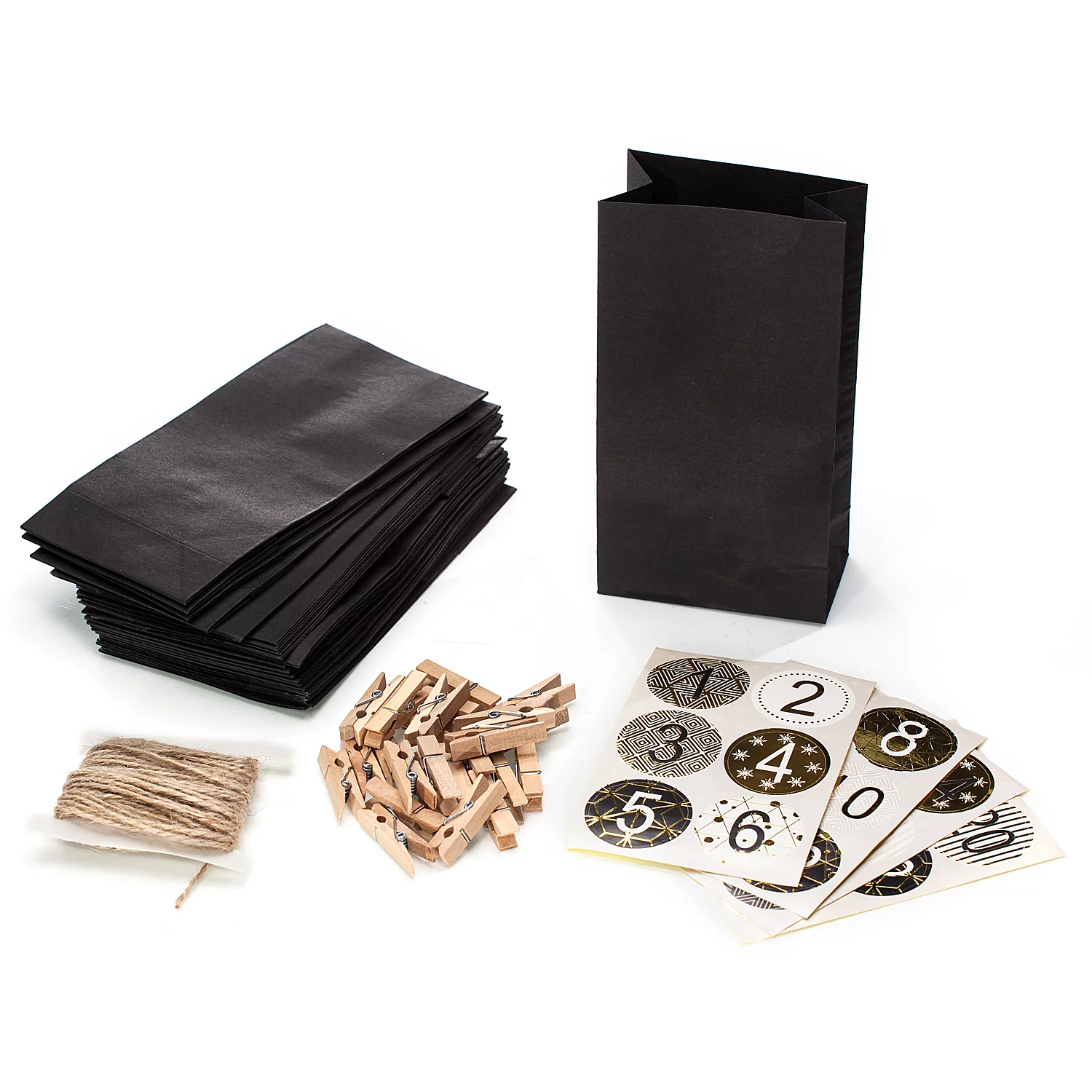 Kit calendrier de l'Avent en papier, noir / doré, 24 sachets
