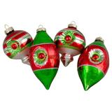 4ct Red Green Silver Vintage Glass Christmas Ornaments 3.25-Inch