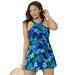 Plus Size Women's High Neck Wrap Swimdress by Swimsuits For All in Blue Hawaiian Floral (Size 20)