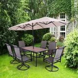 Lark Manor™ Alyah Rectangular 6 - Person 61.34" Long Outdoor Dining Set w/ Umbrella Plastic in Black/Brown | 28.35 H x 61.34 W x 37.4 D in | Wayfair