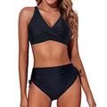 Aqua Eve Women High Waisted Bikini Twist Front Swimsuits Lace up Bikini Tops Ruched Push up 2 Piece Bathing Suits - black - Large