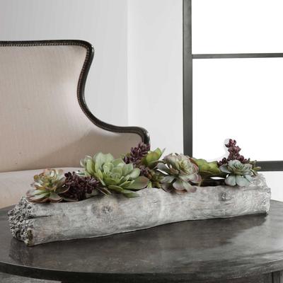 Uttermost Charita 30" Wide Farmhouse Tray Log with Desert Succulents - Green / Gray