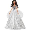 ​Barbie Signature 2021 Holiday Barbie Doll (12-inch Brunette Curly Hair) in Silver Gown, with Doll Stand and Certificate of Authenticity, Gift for 6 Year Olds and Up