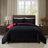 Plush Poly-Velvet Quilt Set Geometric Pattern Quilted Bedspread with Ruffles