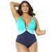 Plus Size Women's Colorblock V-Neck One Piece Swimsuit by Swimsuits For All in Blue (Size 4)