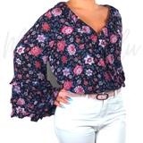 American Eagle Outfitters Tops | Aeo Floral Blouse Cropped Peasant Sleeve Blouse Xl | Color: Blue/Pink | Size: Xl