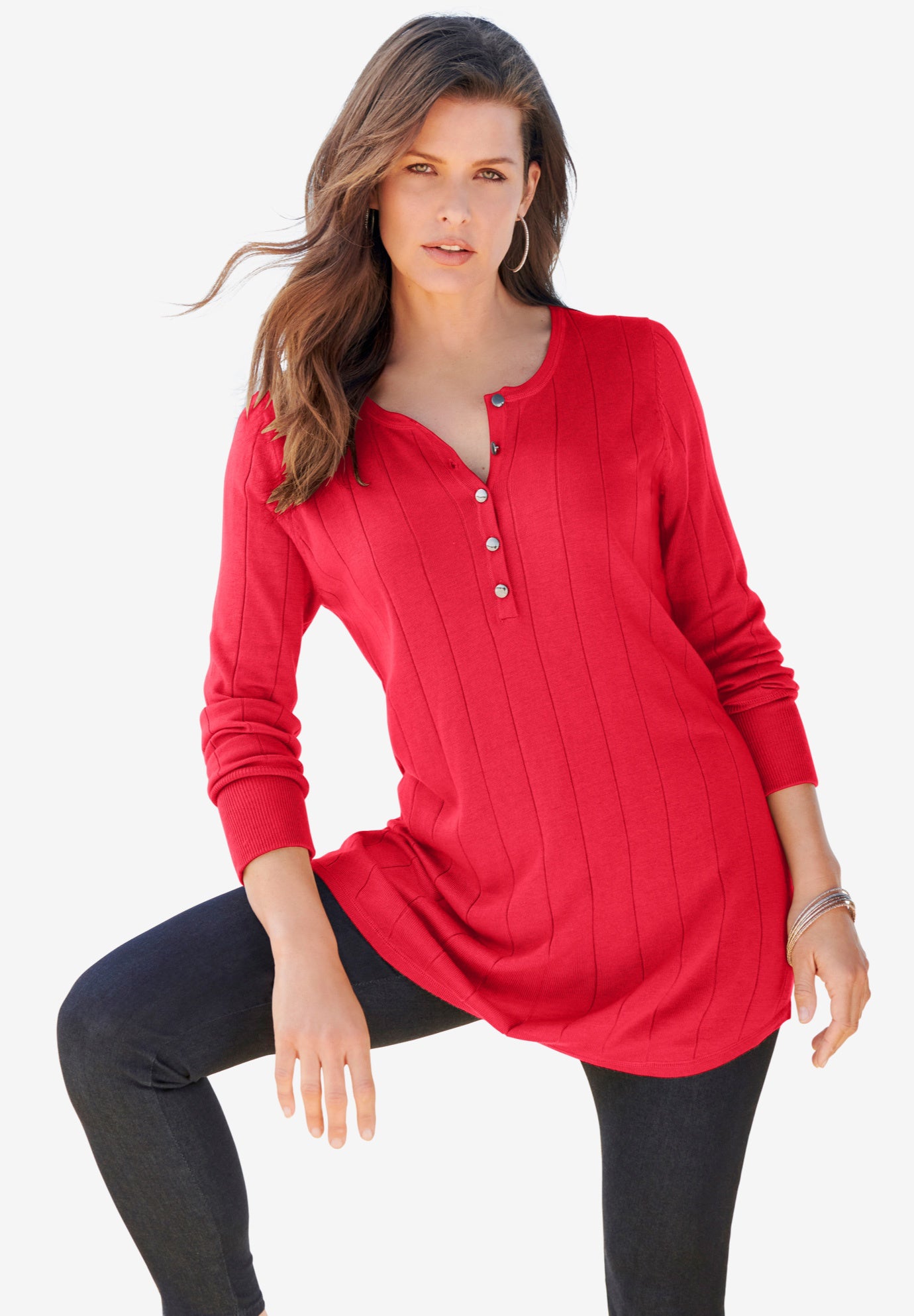 Plus Size Women's Plus Size Drop Needle Henley Lightweight Sweater Knit by Roaman's in Vivid Red (Size S)