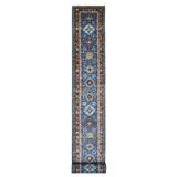 Shahbanu Rugs Super Kazak with Tribal Medallions Design Hand Knotted Pure Wool Faded Blue Oriental XL Runner Rug (2'10"x37'2")