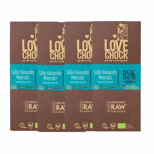 Lovechock Bio rohe Schokolade, Süße Kakaonibs-Meersalz, Tafel 4x70 g Schokolade
