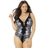 Plus Size Women's V-Neck Ring One Piece Swimsuit by Swimsuits For All in Engineered Floral (Size 10)