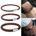 Bracelet en cuir tressé classique pour homme bracelets rétro marron noir acier inoxydable