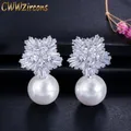 CWWZircons – boucles d'oreilles Design fleur de neige pour femmes grande goutte de perle blanche