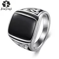 Jiayiqi – bague Punk en acier titane grande pierre noire bague carrée pour homme couleur argent