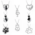 Mignon chat pendentif collier en forme de coeur amoureux cristal strass noir et blanc patte Pet