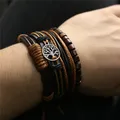 Bracelets multicouches en cuir marron pour hommes et femmes breloque arbre perles en bois punk