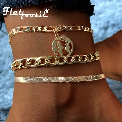 Flatfoods-Ensemble de bracelets de cheville vintage pour femmes 3 pièces carte du monde or