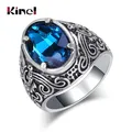 Kinel-Bague en verre bleu bohème pour homme et femme motif antique bague document en argent