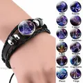 12 Signes du Zodiaque Constellations Bracelet en Cuir Tissé pour Homme Bouton Noir Verre Bijoux