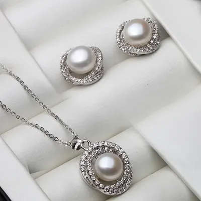 Ensemble de boucles d'oreilles en argent regardé 925 pour femmes collier de perles naturelles