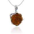 AMBEDORA Women's 925 Silver Oxidised Baltic Amber Rose Hand Carved Amber Rose Pendant Necklace Model 60 on a Chain Gift Set., Oxidised silver, Amber