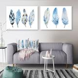 East Urban Home Blue Boho Feathers Blue Boho Feathers - 2 Piece Wrapped Canvas Painting Set Canvas in Blue/White | 30 H x 80 W x 1.5 D in | Wayfair