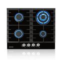 Thermomate GHBG604 Built-in 4 Burners Gas Hob, 60cm Black Tempered Glass Gas Cooktop with Cast Iron Supports, NG/LPG Convertible, 8000W