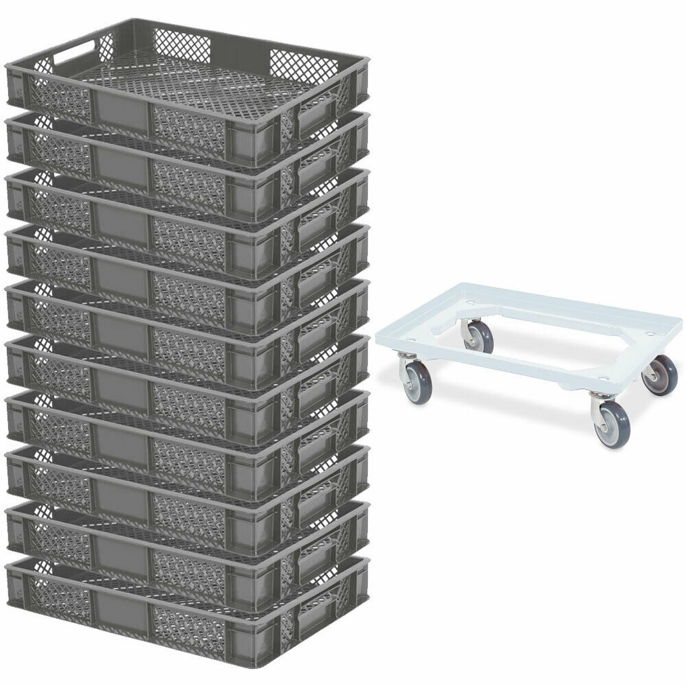BRB 10x Bäckerkiste / Euroboxen, LxBxH 600x400x90 mm, grau + Transportroller Image