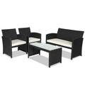 Costway 4 Pieces Rattan Patio Furniture Set with Weather Resistant Cushions and Tempered Glass Tabletop-White