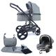 Pixini Kalani Kinderwagen 3 in 1 Komplettset inkl. Babywanne & Buggy & Auto-Babyschale + Wickeltasche/Regenplane/Getränkehalter/Mückennetz in grau