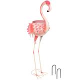 Sunnydaze Pink Flamingo Metal Outdoor Garden Statue with Flowerpot - 36-Inch