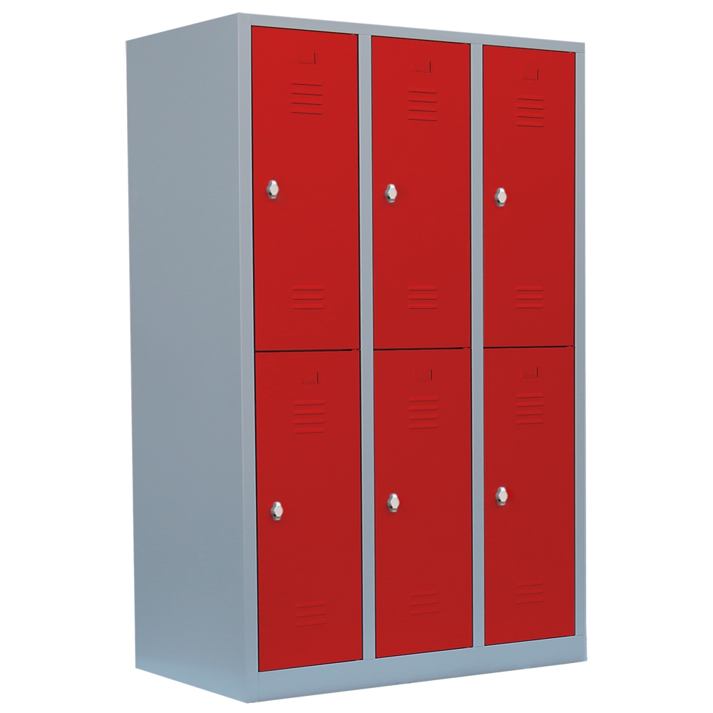 Lüllmann® Garderobenschrank, 3 Abteile doppelstöckig, H 1800 x B 1185 x T 500 mm, lichtgrau/feuerrot Image