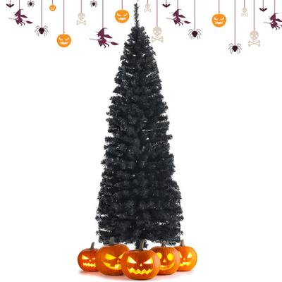 Costway 6ft Unlit Artificial Christmas Halloween Pencil Tree Black with Metal Stand-Black