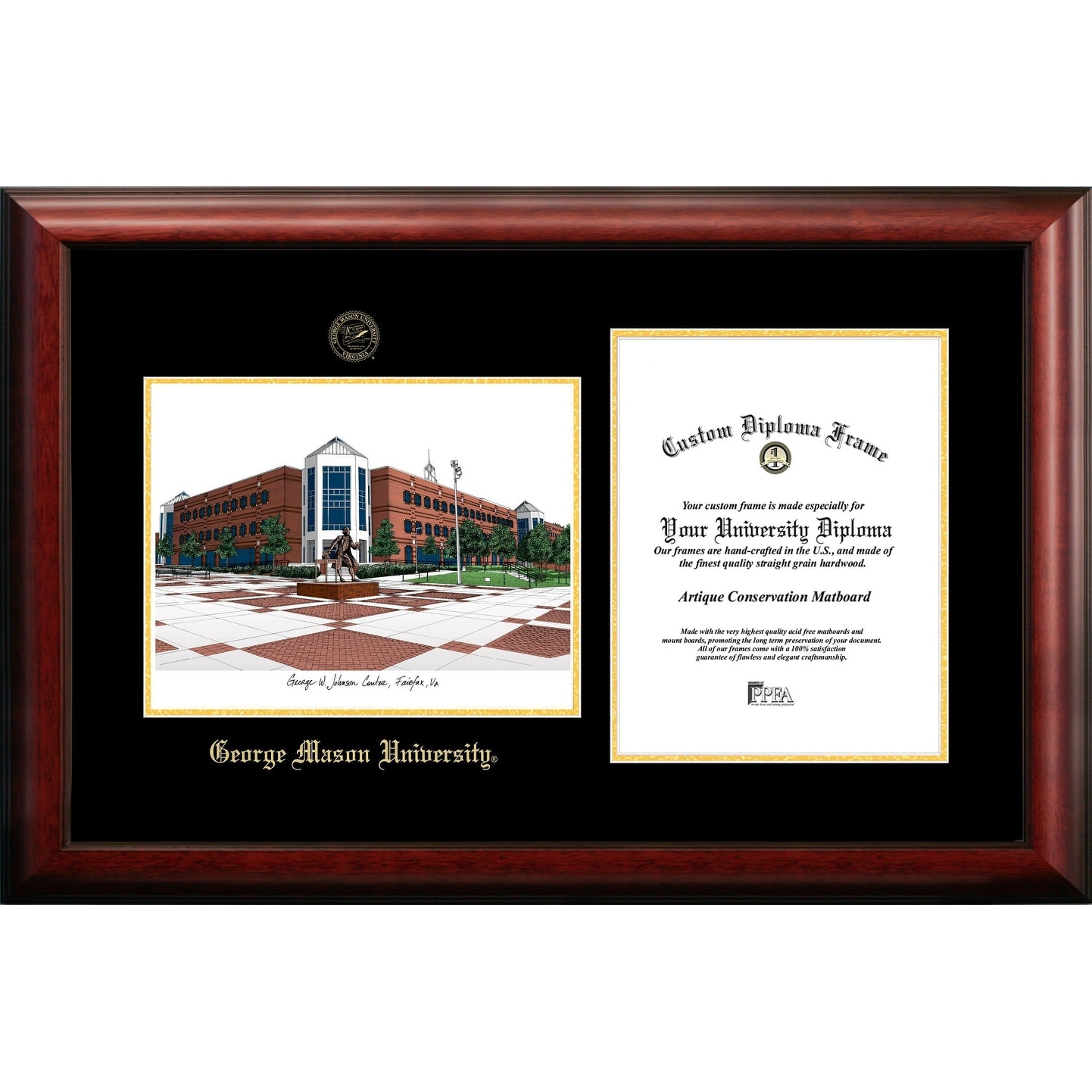 George Mason University 10w x 14h Gold Embossed Diploma Frame with Campus Images Lithograph