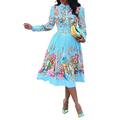 VERWIN Lapel Three-Quarter Sleeve Knee Length Pleated Floral Women's Sheath Dress (X-Large, Blue)