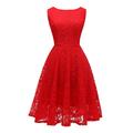 OBBUE Women's Boatneck Lace Cocktail Party Dress Flowers Short Prom Dress - Red - Medium