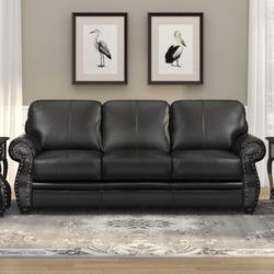 "Sunset Trading Charleston 86"" Wide Top Grain Leather Sofa | Black 3 Seater Rolled Arm Couch with Nailheads - Sunset Trading SU-CR2130-80-300LF"
