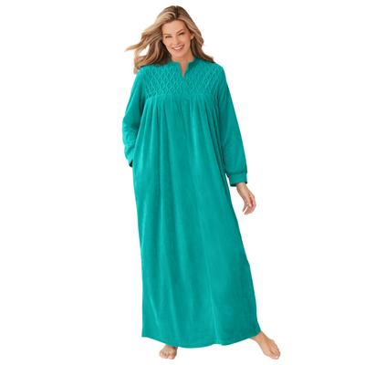 Plus Size Women's Smocked velour long robe by Only Necessities® in Waterfall (Size L)