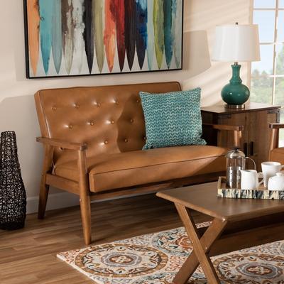 Sorrento Mid-Century Modern Tan Faux Leather Upholstered and Walnut Brown Finished Wood Loveseat
