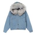 Women Puffer Faux Fur Collar Hooded Denim Coats TUDUZ Ladies Winter Warm Baggy Short Hood Jacket Button Down Outwear (A Gray,XL)