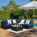 Latitude Run® 6 Piece Rattan Sectional Seating Group w/ Cushions Synthetic Wicker/All - Weather Wicker/Wicker/Rattan in Blue | Outdoor Furniture | Wayfair