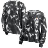 Women's Fanatics Branded White/Black Pittsburgh Steelers Sport Resort Tie-Dye V-Neck Long Sleeve T-Shirt