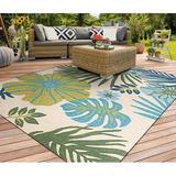 Blue/Green 94 x 0.25 in Indoor/Outdoor Area Rug - Beachcrest Home™ Stowthewold Floral Ivory Fern Green Handmade Indoor Outdoor Area Rug | Wayfair