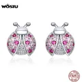 WOSTU 100% 925 En Argent Sterling Coccinelle Rose Zircon Boucles D'oreilles Argent 925 Bijoux Pour