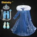 Robe en velours à manches longues avec col en fourrure pour filles robe Elsa pour enfants cape